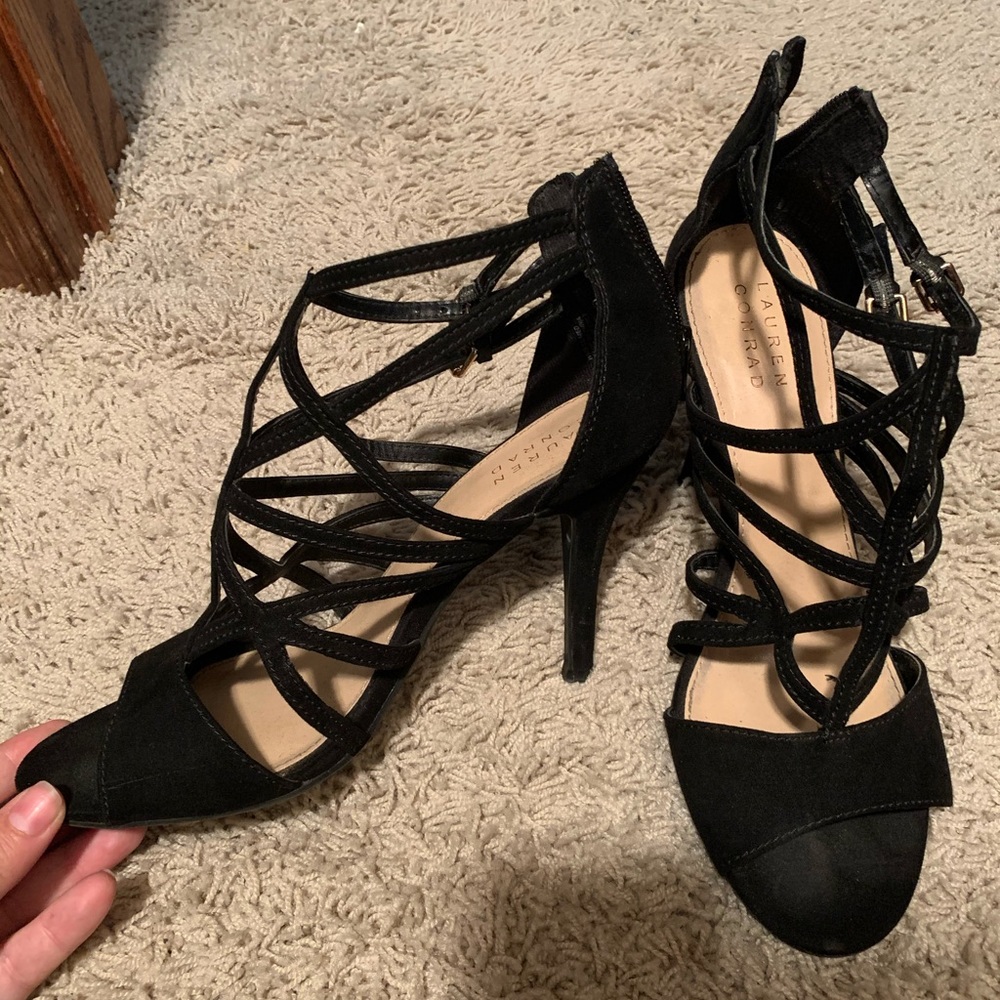 Open toe black strap heels